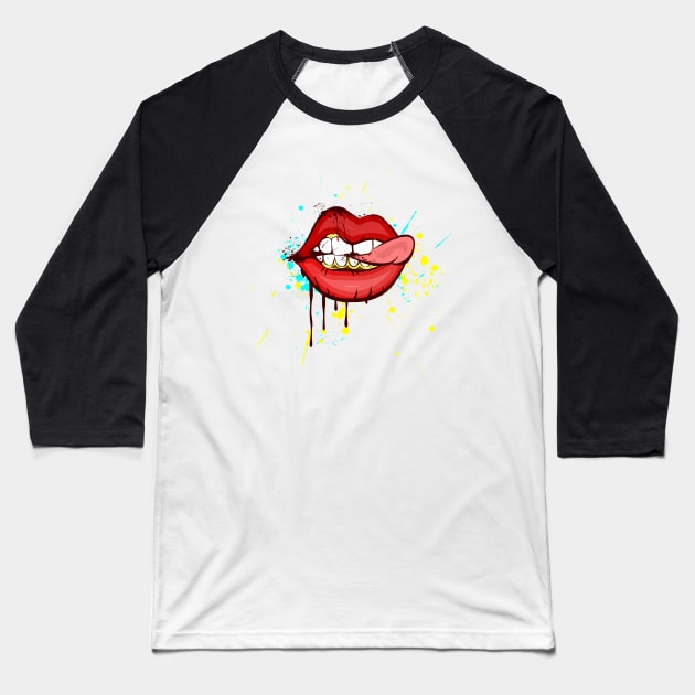 RED LIPS WITH TEETS Baseball T-Shirt by GClothes